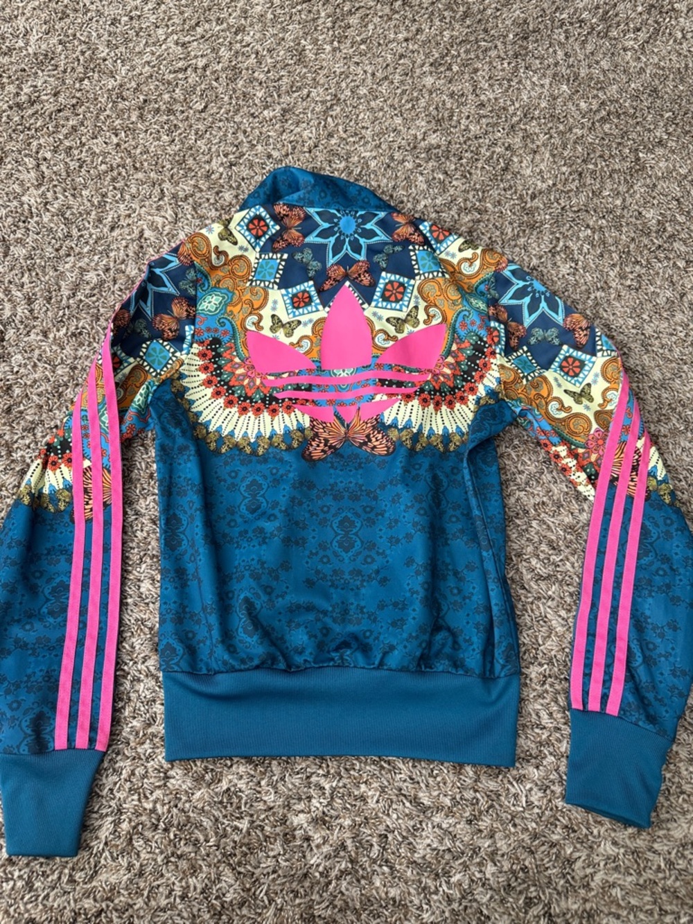 adidas Teal Track Jacket with Pink Trefoil & Stripes